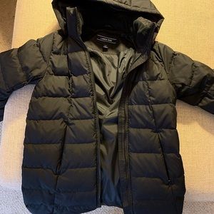 Never worn Lands’ End mid length black puffer jacket with removable hood